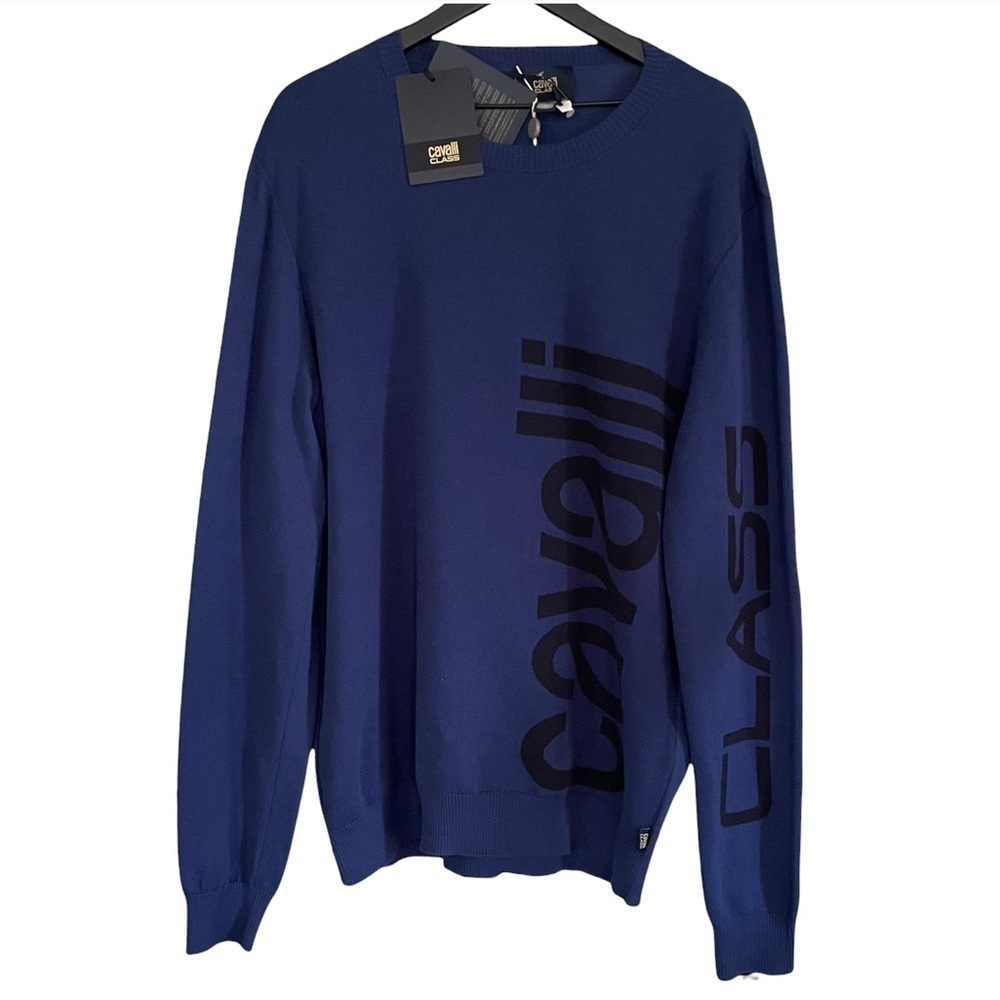 Roberto Cavalli Men’s Logo Intarsia Cotton Crewneck Sweater Navy XXXL New